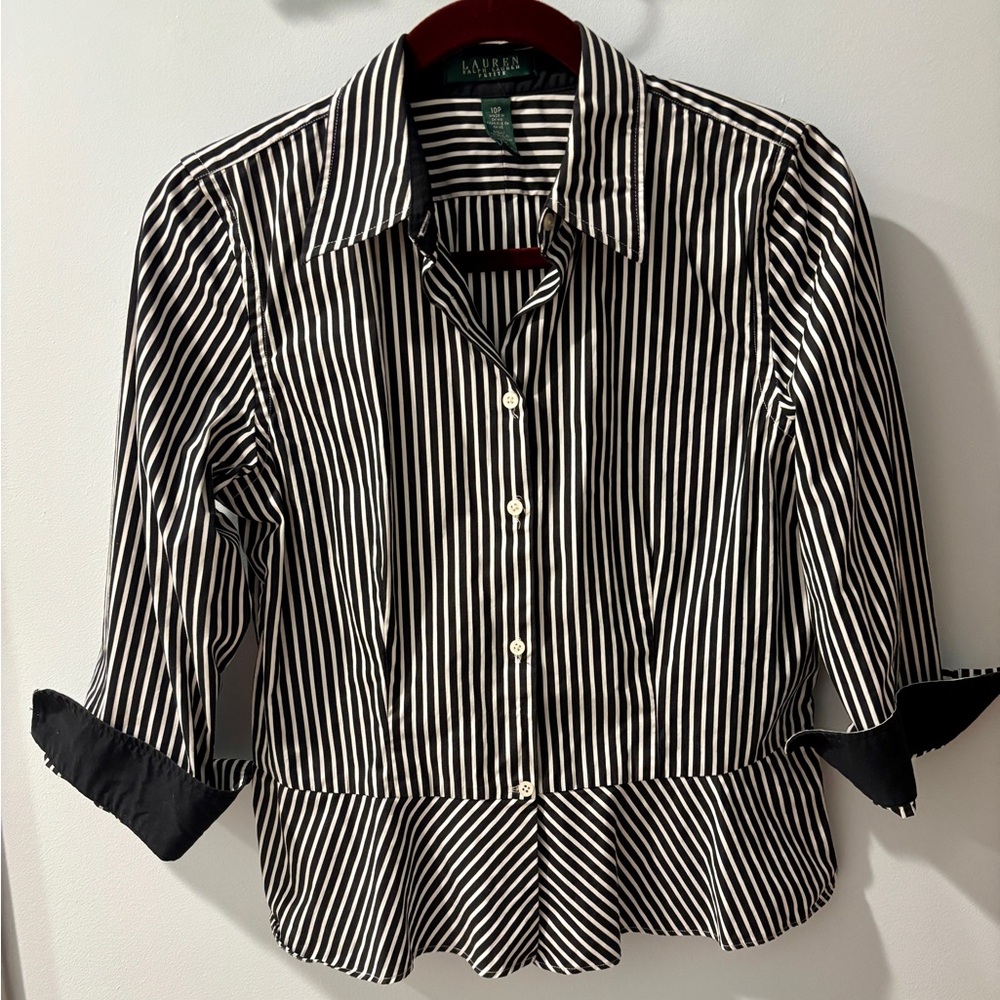Ralph Lauren Black and White Striped Blouse with peplum